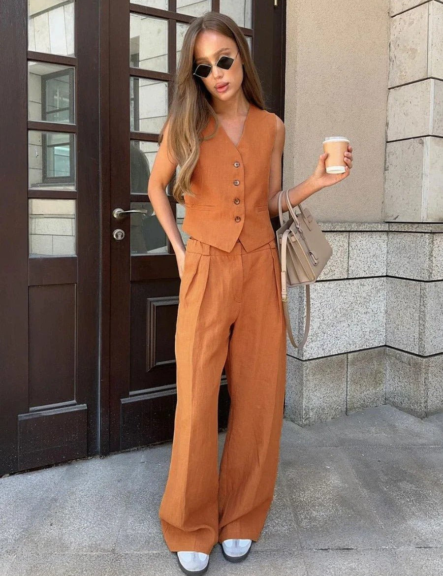 Freya Ensemble en Lin Femme – Coordonné Estival avec Gilet Sans Manches & Pantalon Large au Style Naturel