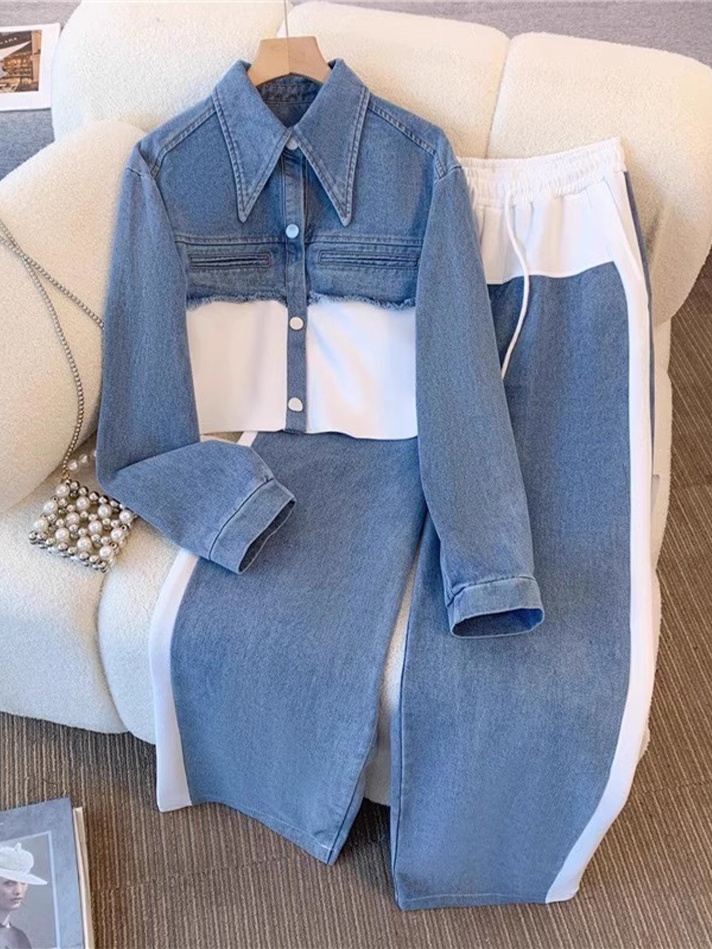 Albertine - Veste courte en blocs de couleur et ensemble de pantalons à jambes larges - autre angle