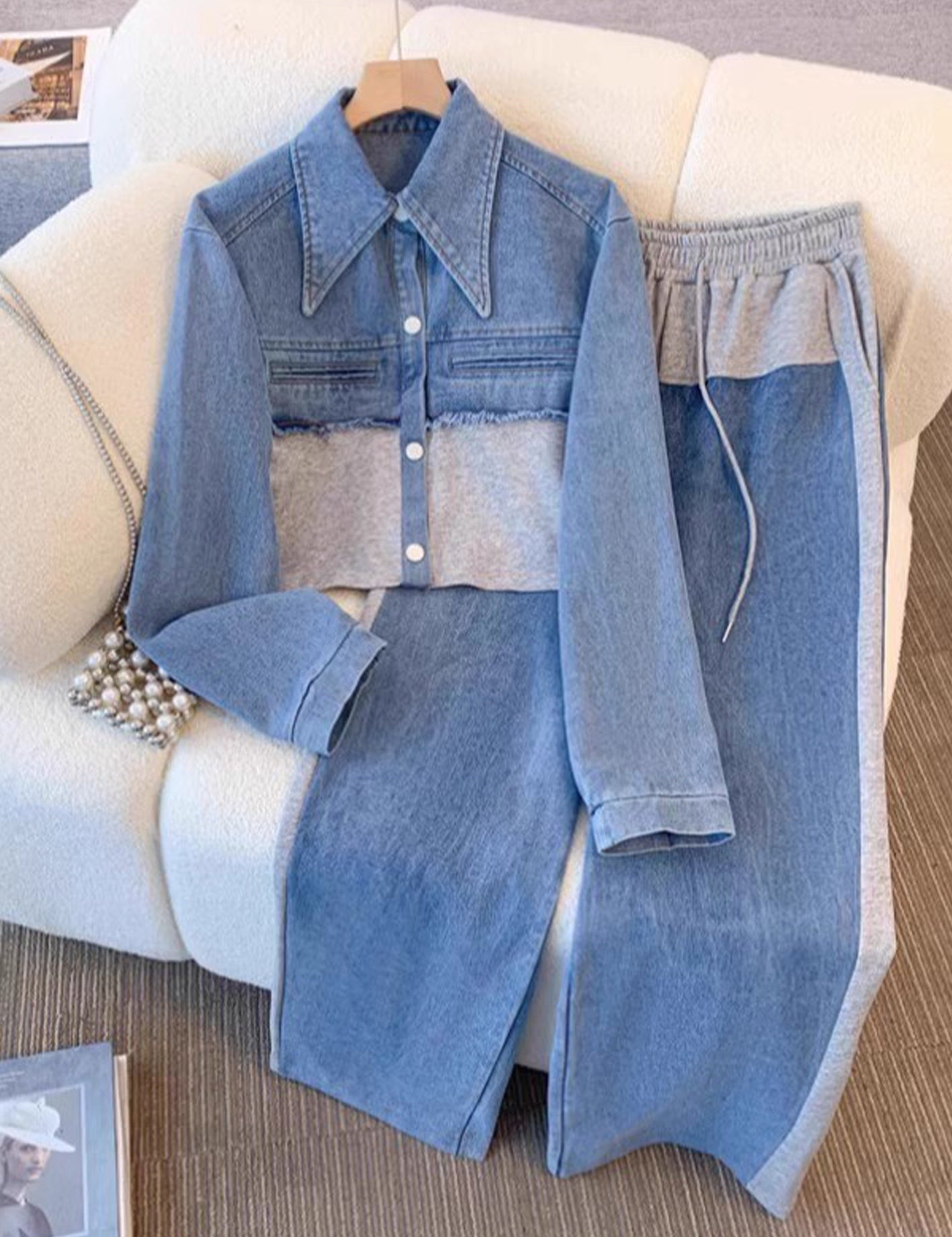 Albertine - Veste courte en blocs de couleur et ensemble de pantalons à jambes larges - autre vue