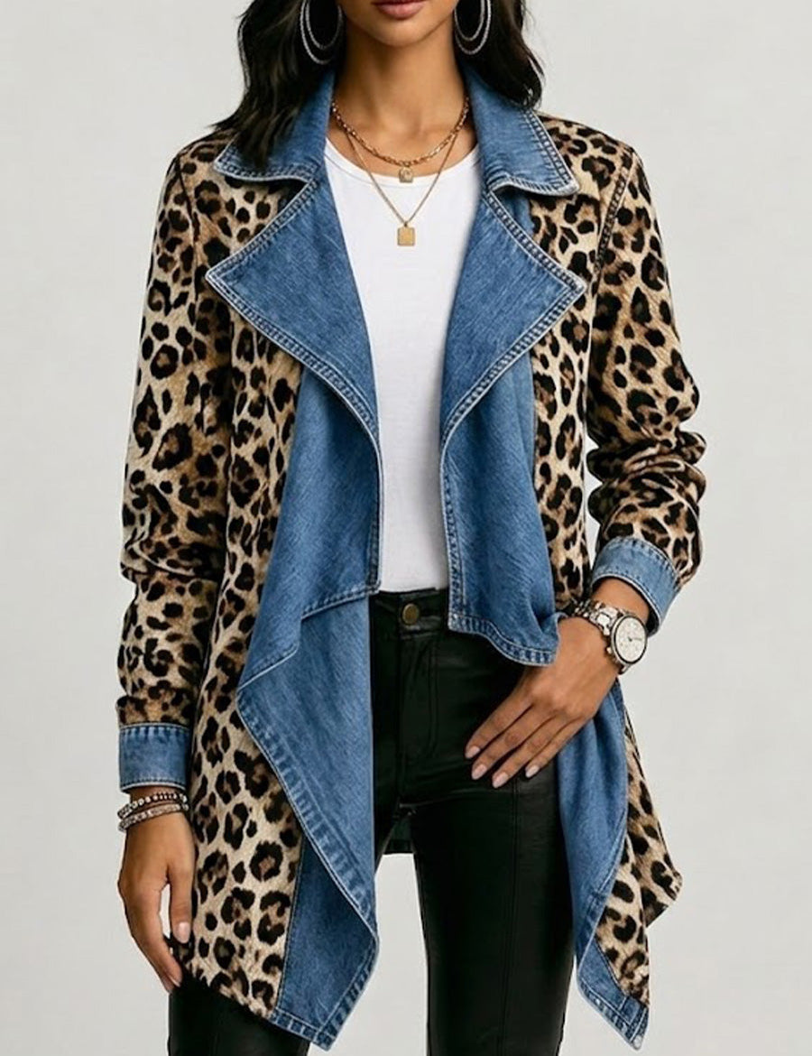 Anne-Marie - Veste mi-longue en denim délavé et imprimé léopard - vue d'ensemble