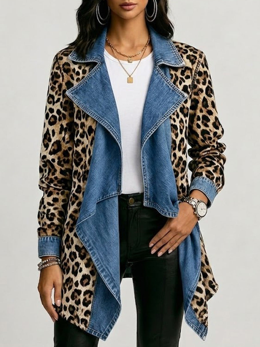 Anne-Marie - Veste mi-longue en denim délavé et imprimé léopard - vue d'ensemble