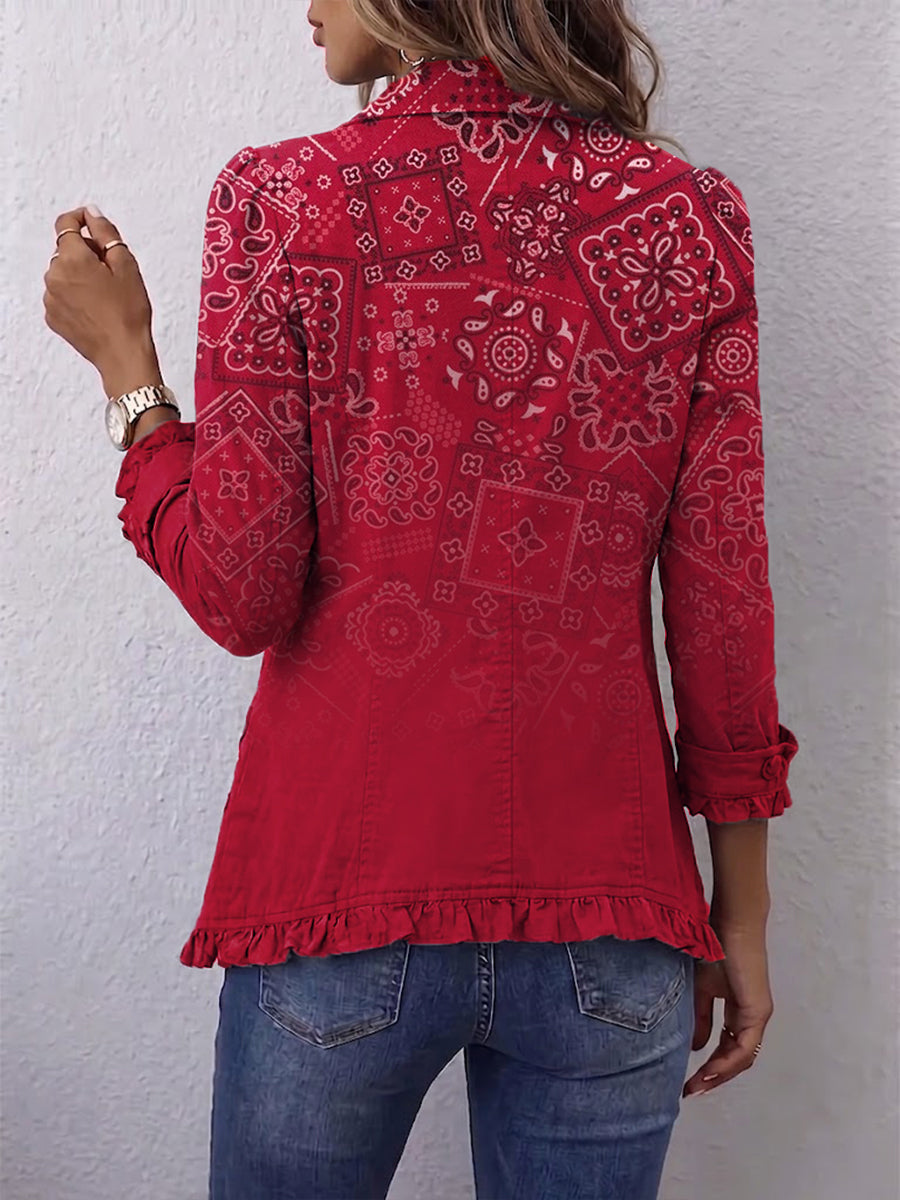 Clotilde - Veste à volants imprimé paisley ombré bohème - vue rapprochée