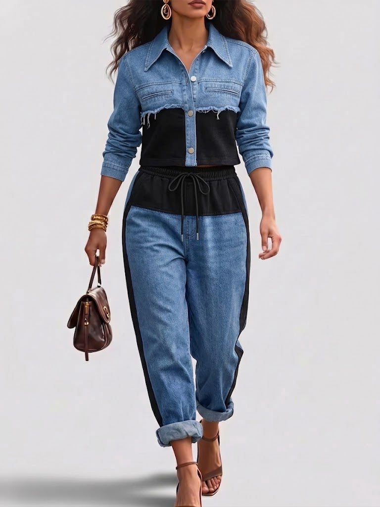 Albertine - Veste courte en blocs de couleur et ensemble de pantalons à jambes larges - vue rapprochée