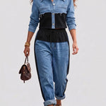 Albertine - Veste courte en blocs de couleur et ensemble de pantalons à jambes larges - vue rapprochée