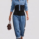 Albertine - Veste courte en blocs de couleur et ensemble de pantalons à jambes larges - vue rapprochée