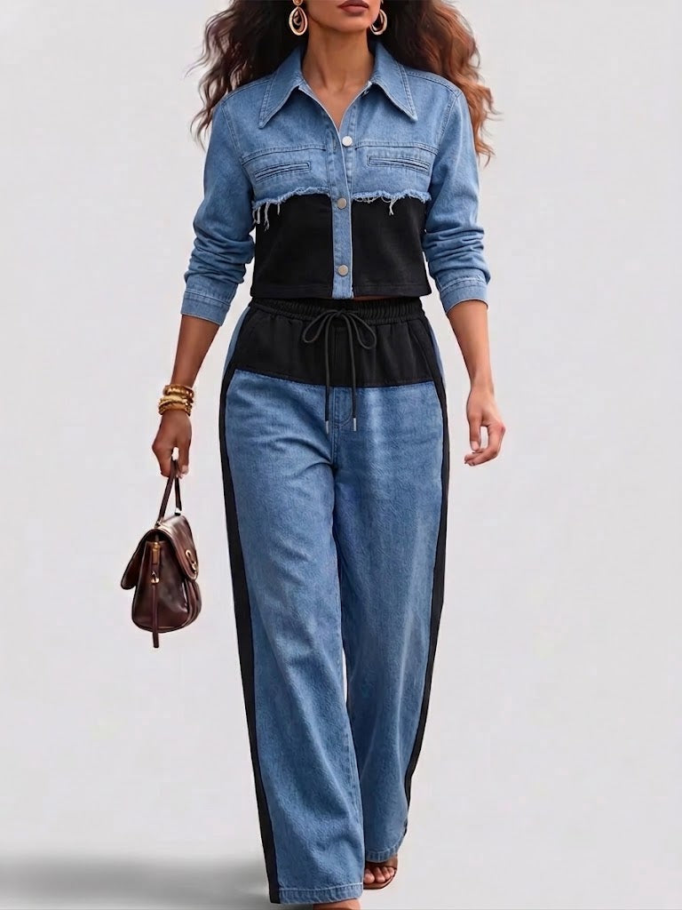 Albertine - Veste courte en blocs de couleur et ensemble de pantalons à jambes larges - détail du tissu