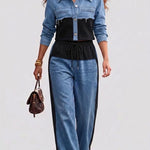 Albertine - Veste courte en blocs de couleur et ensemble de pantalons à jambes larges - détail du tissu