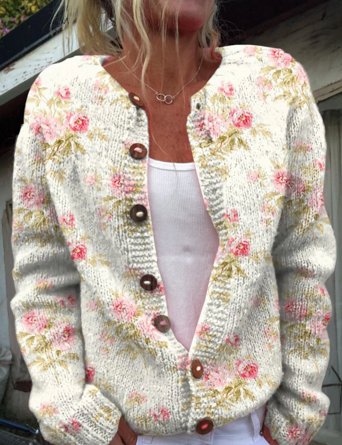 Perrine - Cardigan crème à fleurs roses - vue d'ensemble