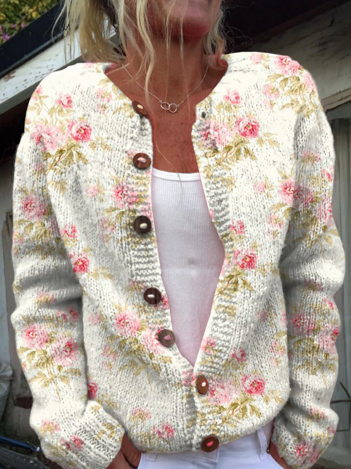 Perrine - Cardigan crème à fleurs roses - vue d'ensemble