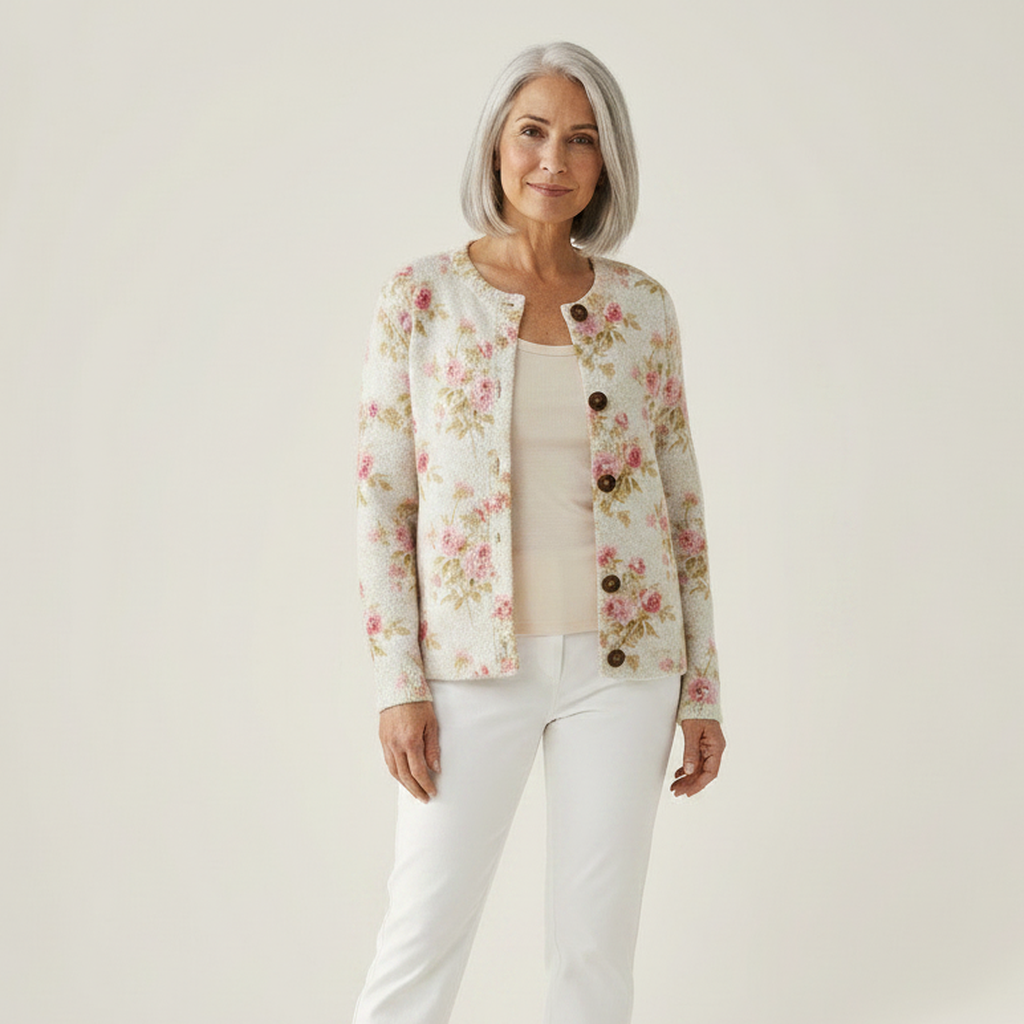 Perrine - Cardigan crème à fleurs roses - vue de face