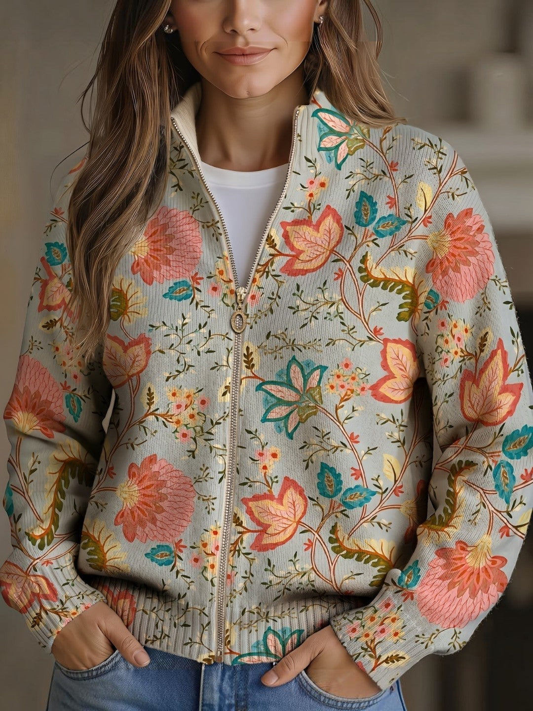 Pierrette - Gilet à motif de jardin fleuri - vue d'ensemble