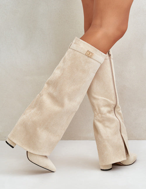 Amélie Bottes Hautes – Bottes en Suédine Noire avec Bout Pointu & Détails Élégants