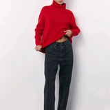 Katalina Pull Col Roulé Oversize Femme – Maille Douce, Rouge Intense & Style Moderne