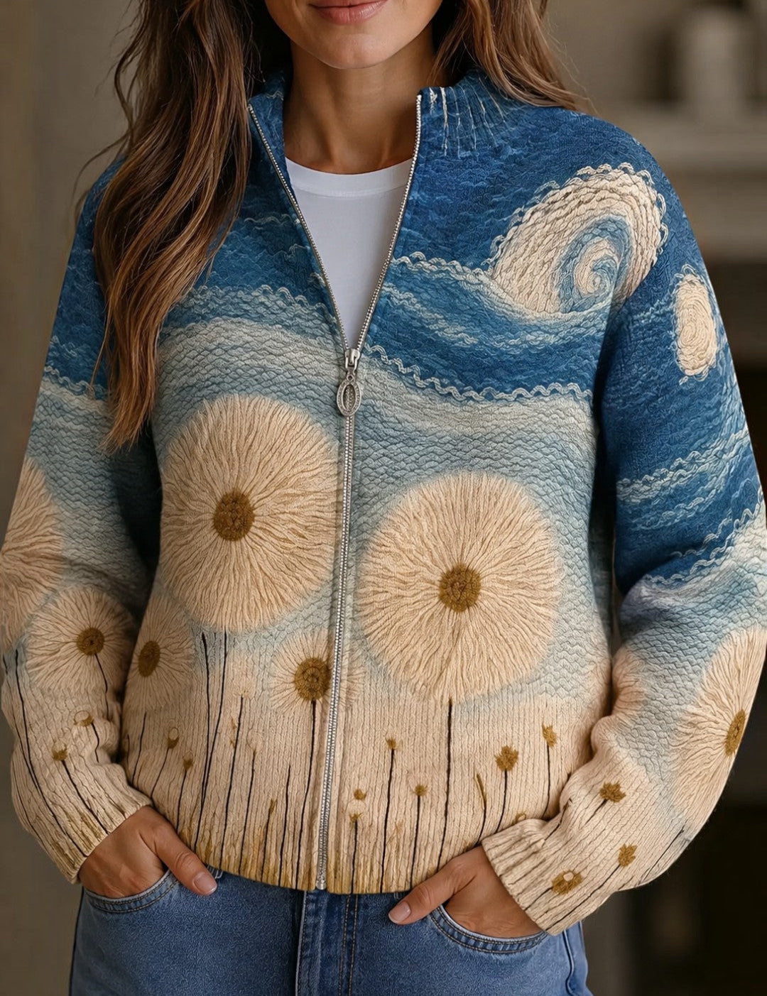 Reine - Gilet à motif de pissenlits - vue d'ensemble