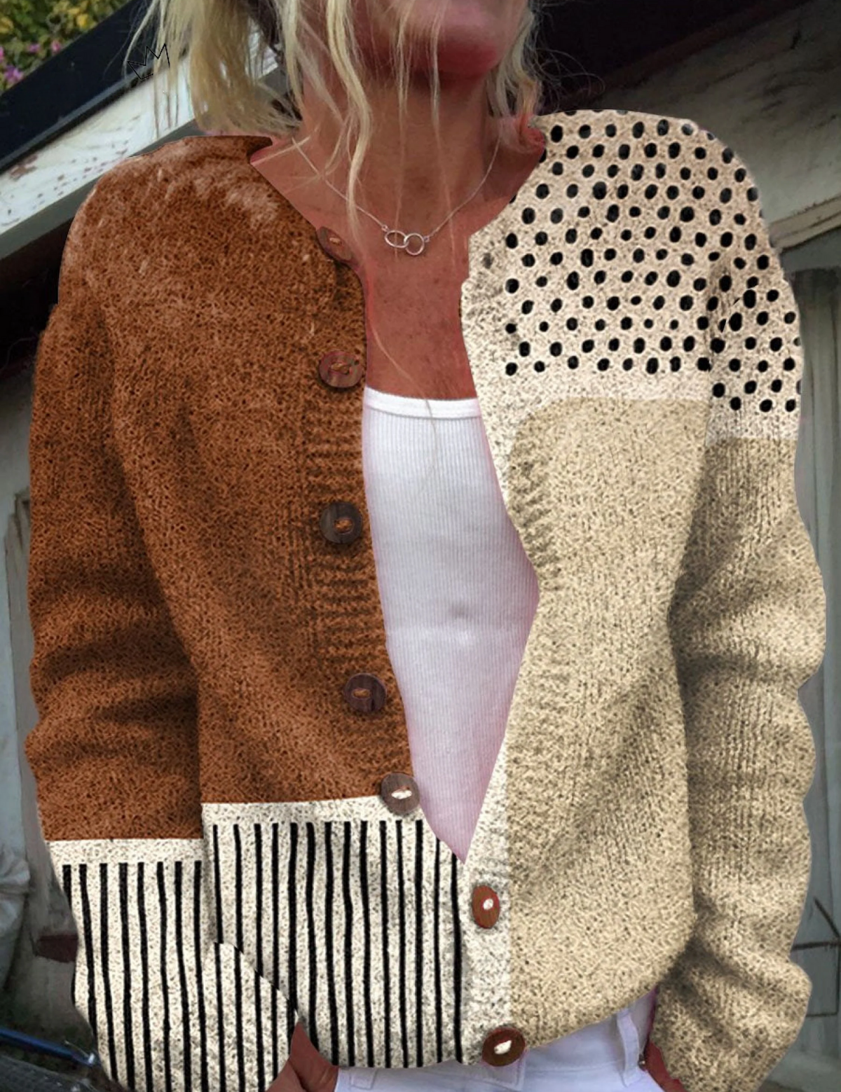 Renée - Cardigan patchwork brun et crème - vue d'ensemble