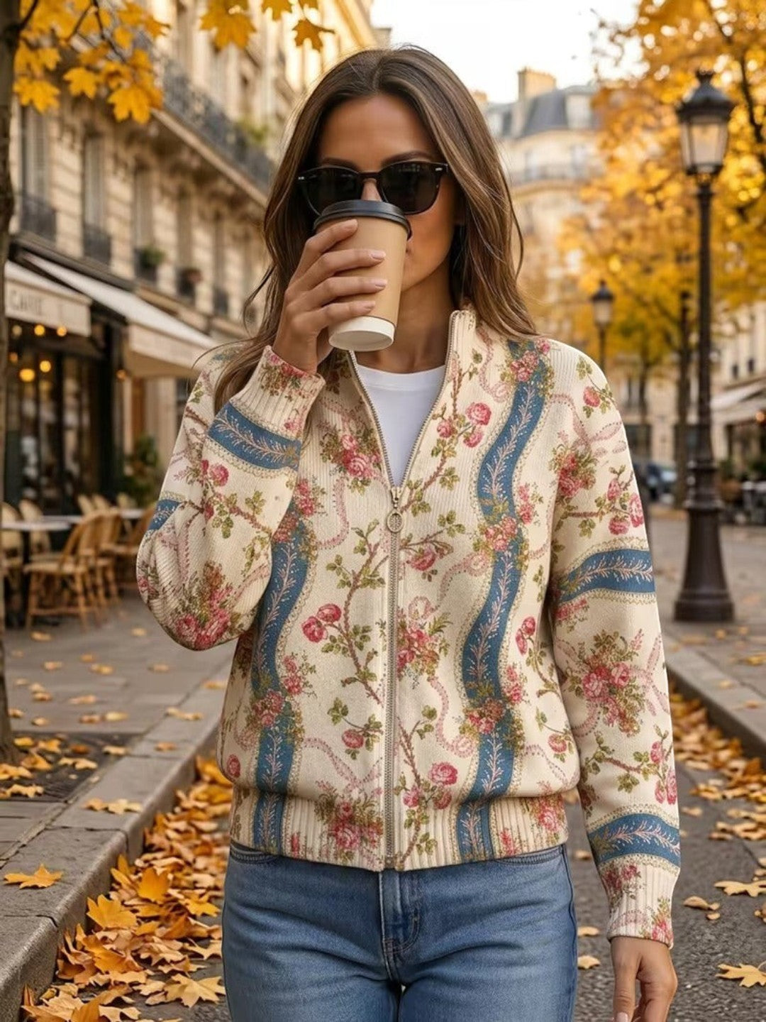 Sabine - Gilet à motif de roses grimpantes - vue détaillée