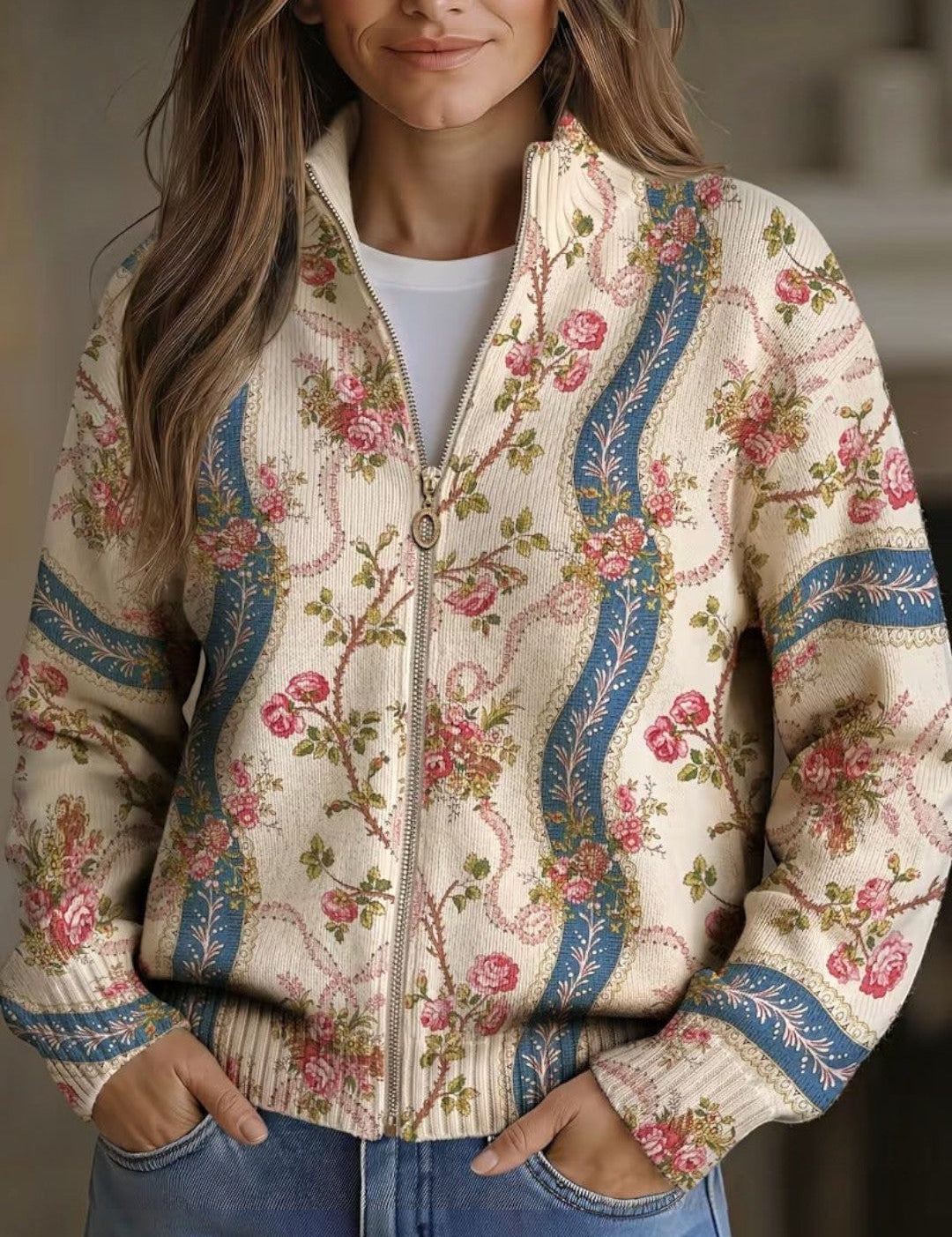 Sabine - Gilet à motif de roses grimpantes - vue d'ensemble