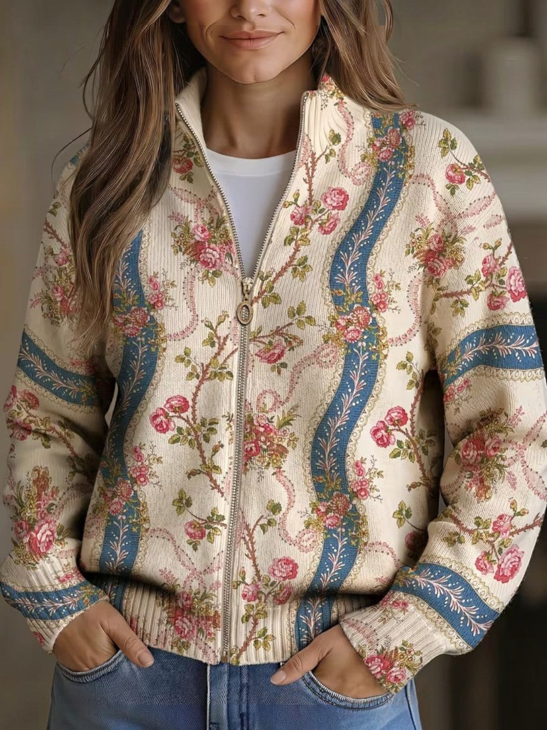 Sabine - Gilet à motif de roses grimpantes - vue d'ensemble