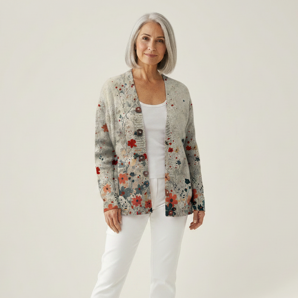 Sabrina - Cardigan crème à fleurs des champs - vue de face