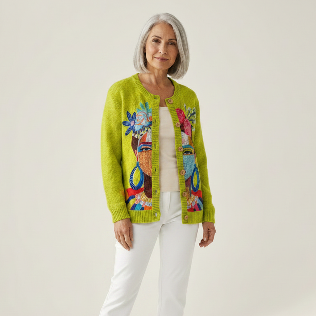 Séverine - Cardigan vert anis à motif artistique - vue de face