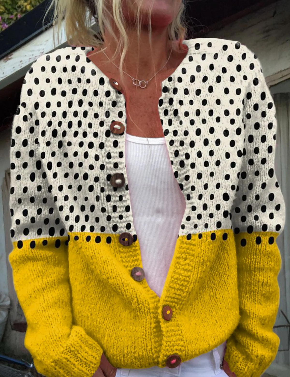 Solange - Cardigan à pois crème et jaune moutarde - vue d'ensemble