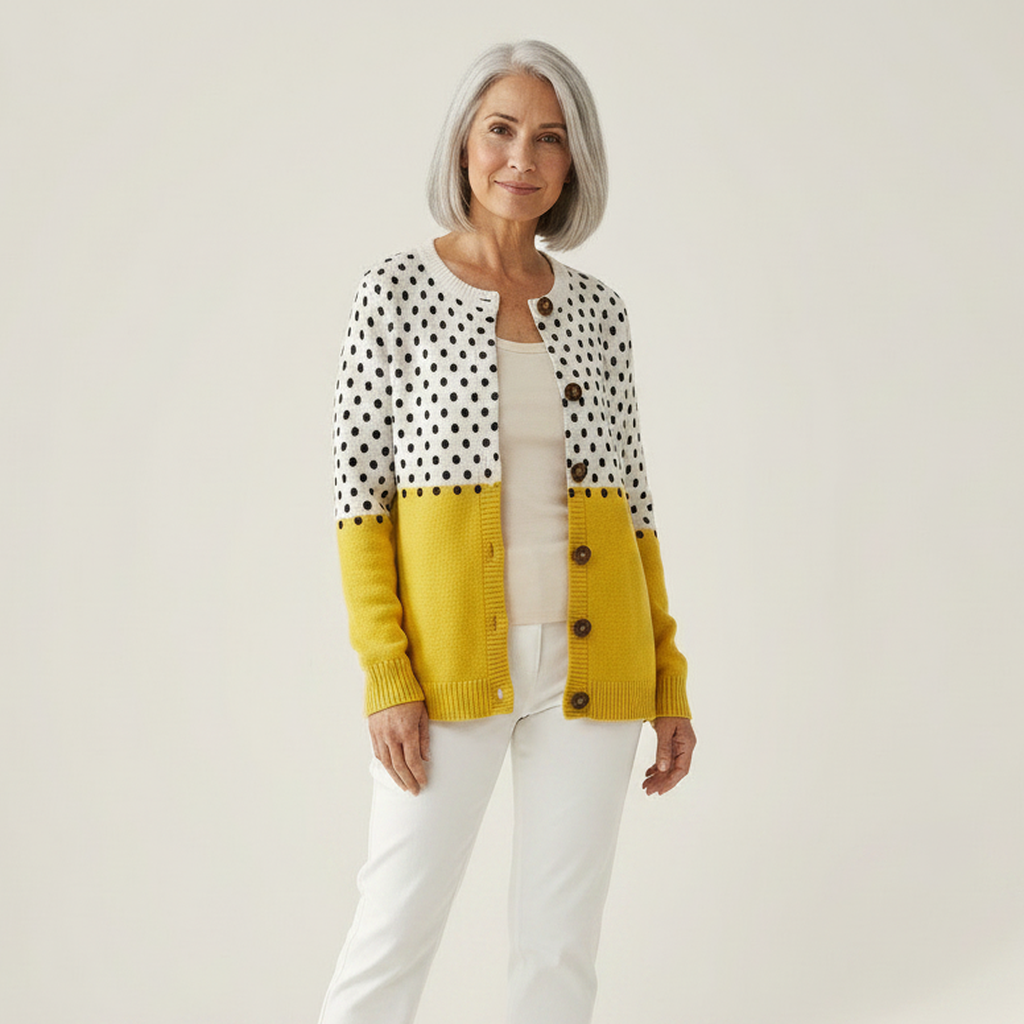 Solange - Cardigan à pois crème et jaune moutarde - vue de face