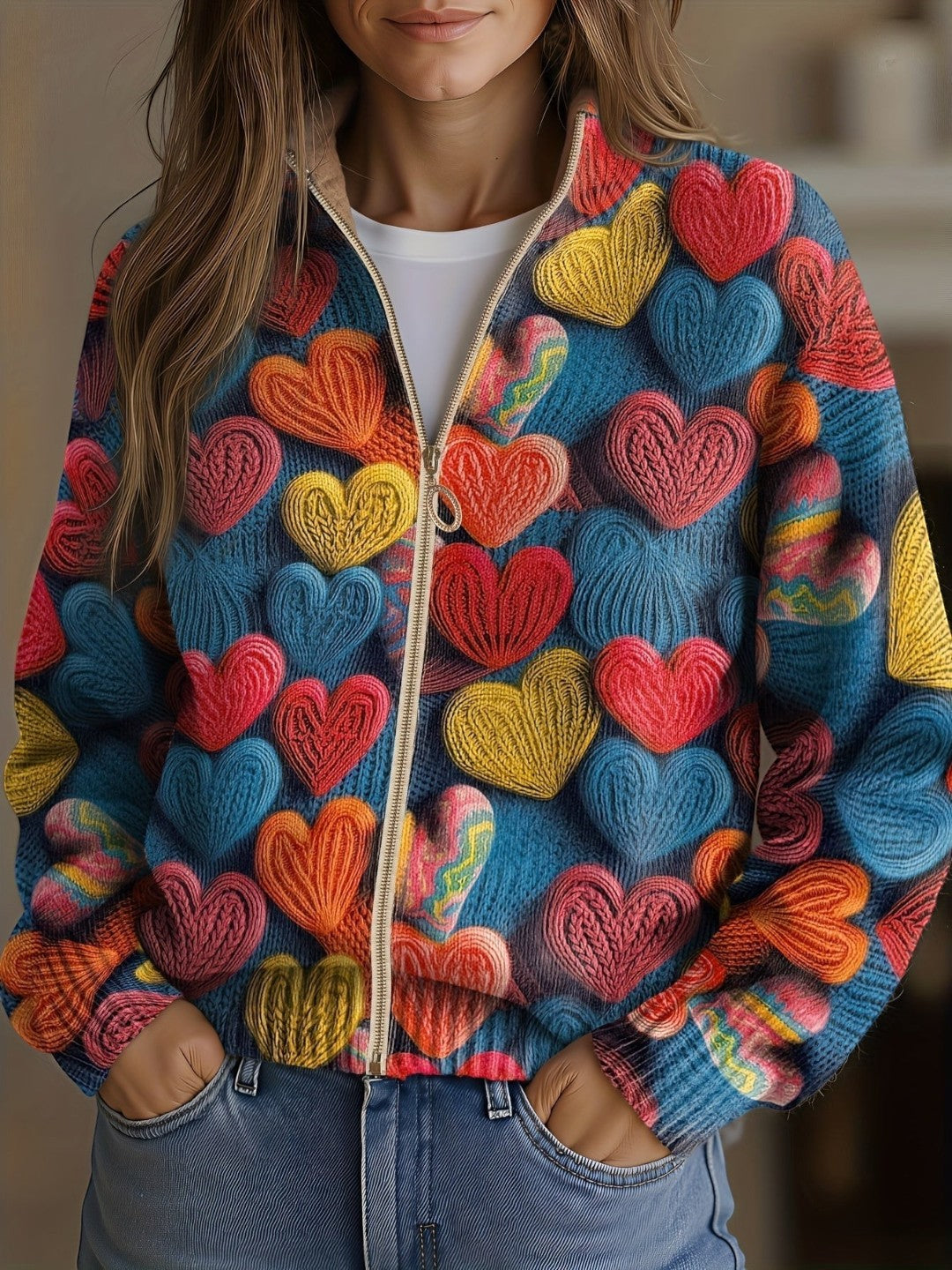 Suzette - Gilet à motif de cœurs multicolores - vue d'ensemble